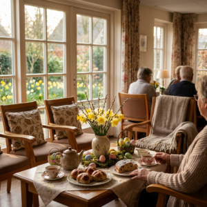 Seniors enjoying tea and pastries in a sunlit lounge with spring decorations